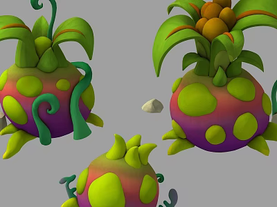 Colorful Plant Combination With Green Leaves Purple Green Spots Orange Fruits And Small Stone 3d model