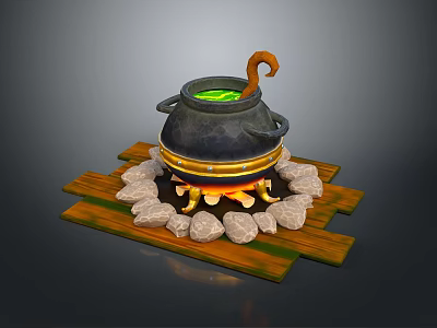 Black Cauldron with Green Liquid Curved Handle on Wooden Stand with Stones and Flames Around 3d model