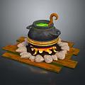 Black Cauldron with Green Liquid Curved Handle on Wooden Stand with Stones and Flames Around