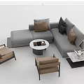 Gray L Shaped Sofa and Coffee Table Set with Brown Armchairs Black Frames Accent Pillows 3d model