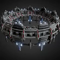Cartoon Scene Of Futuristic Circular Structure With Multiple Towers Illuminated Lights And Mechanical Details