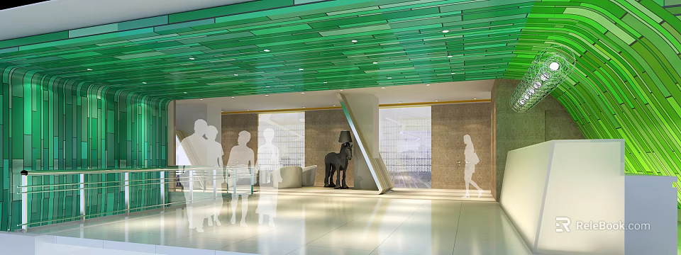 Modern Bright Front Reception Lobby With Stylish Green Ceiling And Unique Art Interior Decoration 3d model 