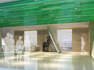 Modern Bright Front Reception Lobby With Stylish Green Ceiling And Unique Art Interior Decoration 3d model