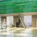 Modern Bright Front Reception Lobby With Stylish Green Ceiling And Unique Art Interior Decoration
