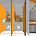 Public Restroom Interior With Orange White Tiles Geometric Patterns Stalls And Washbasin Mirror