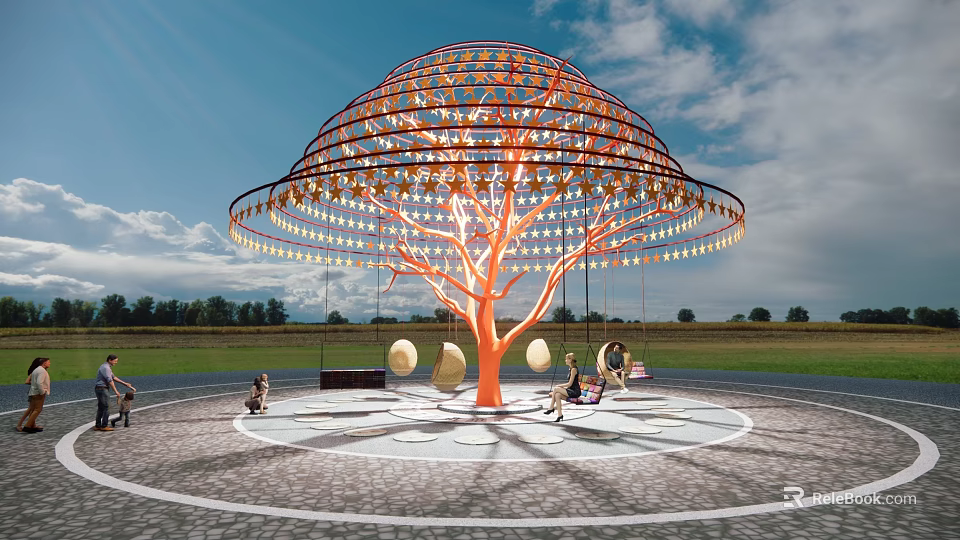 Outdoor Playground Equipment with Tree Shaped Design Decorative Lights Swings and Circular Ground 3d model 