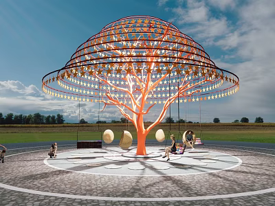 Outdoor Playground Equipment with Tree Shaped Design Decorative Lights Swings and Circular Ground 3d model