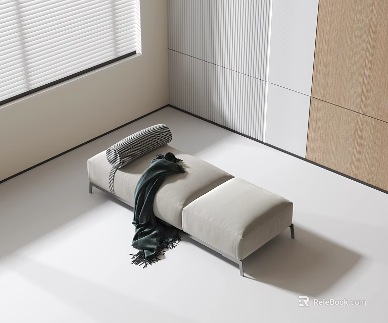 Light Colored Sofa Stool With Striped Pillow And Dark Blanket In Bright Modern Room 3d model 