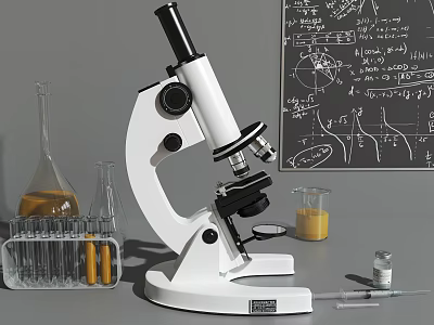 Medical Microscope with Test Tubes Beakers and Flask in Laboratory Setting 3d model