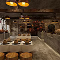 Traditional Exhibition Hall Interior With Concrete Counters Pendant Lights And Decorative Strips