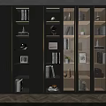 Modern Bookcase Layered Design With Dark Gray Light Wood Glass Doors Books And Decorative Items