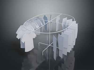Circular White Clothes Hanger With Hanging White T-shirts On Reflective Surface 3d model