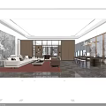 Modern Spacious Office Interior Design With Sofa Coffee Table Display Shelving And Marble Flooring 3d model
