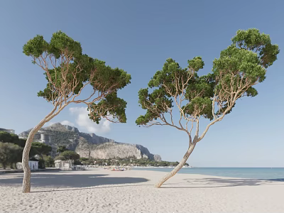 Leaning Trees On Sandy Beach With Ocean View And Mountain Backdrop Under Blue Sky 3d model