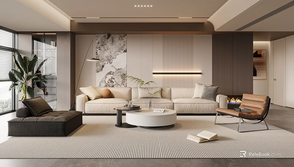 Modern Living Room Interior Design With Beige Sofa Round Coffee Table And Striped Rug 3d model 