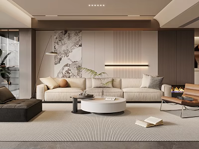 Modern Living Room Interior Design With Beige Sofa Round Coffee Table And Striped Rug 3d model