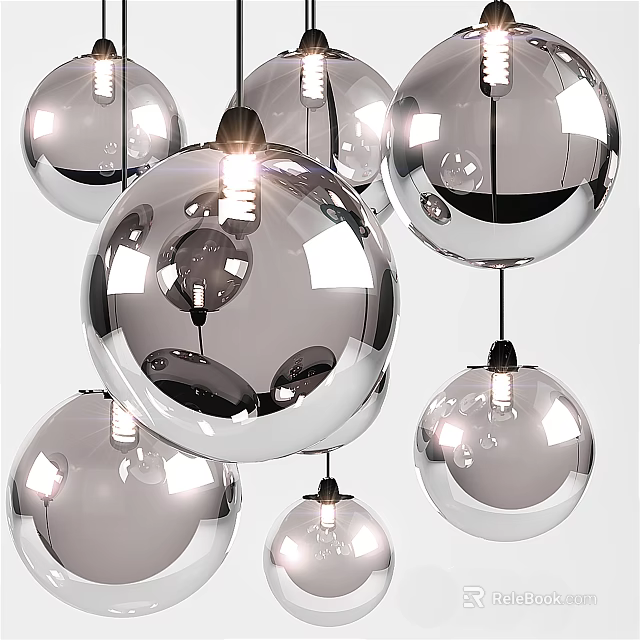 Modern Silver Spherical Chandelier With Reflective Balls And Exposed Bulbs For Interior Decor 3d model 