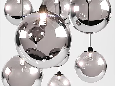 Modern Silver Spherical Chandelier With Reflective Balls And Exposed Bulbs For Interior Decor 3d model