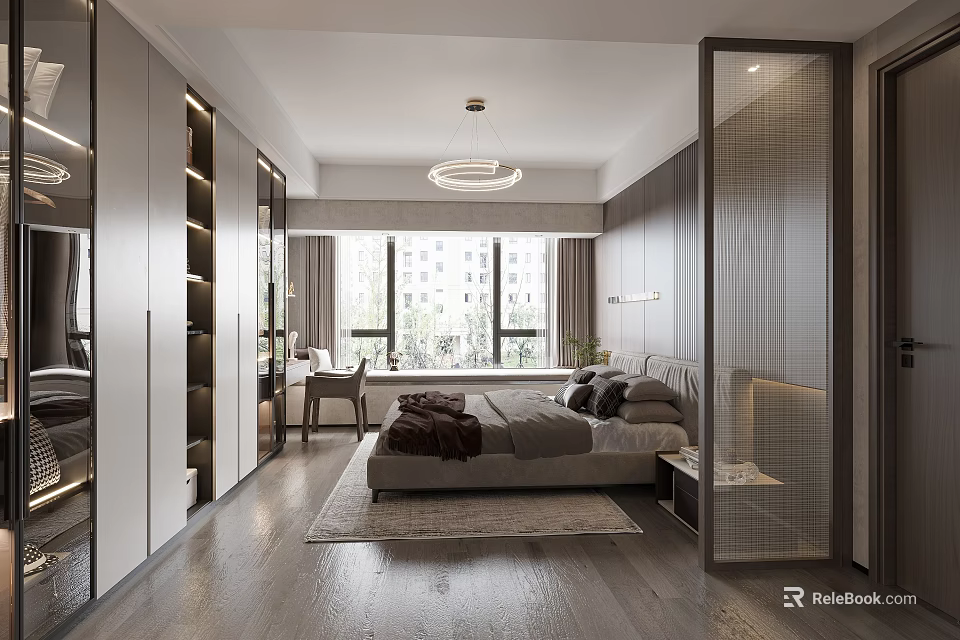 Modern Minimalist Bedroom Interior With Queen Size Bed Nightstand And Floor To Ceiling Wardrobe 3d model 