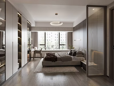 Modern Minimalist Bedroom Interior With Queen Size Bed Nightstand And Floor To Ceiling Wardrobe 3d model