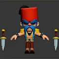 Cartoon Style Man In Yellow Outfit Red Tall Hat Blue Bearded Face Holding Two Daggers