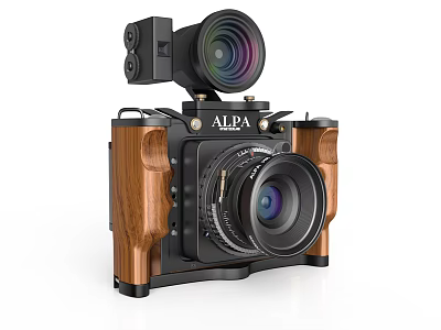 Retro ALPA Professional Digital Camera With Wooden Handle And Dual Lens Design 3d model
