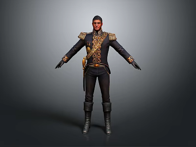 Detailed Game and Movie Character in Black Coat With Golden Accents and Boots 3d model