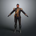 Detailed Game and Movie Character in Black Coat With Golden Accents and Boots