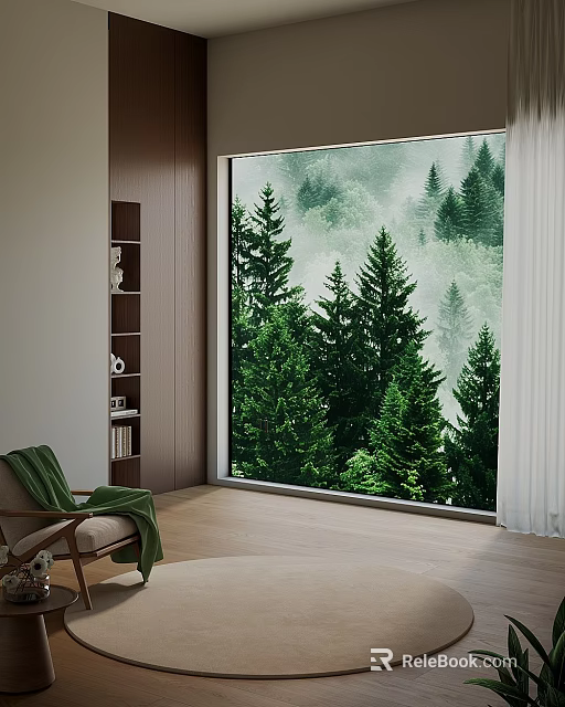 Bay Window Cabinet In Modern Interior With Lush Forest View And Cozy Chair 3d model 