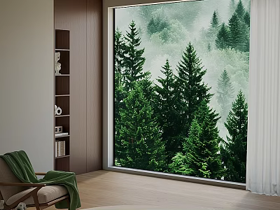 Bay Window Cabinet In Modern Interior With Lush Forest View And Cozy Chair 3d model