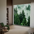 Bay Window Cabinet In Modern Interior With Lush Forest View And Cozy Chair