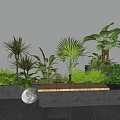 Modern Landscape Seat With Wooden Bench Stone Base And Lush Tropical Green Plants