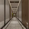 Modern Office Corridor With Dark Walls Marble Flooring Green Plants And Ceiling Light Strips