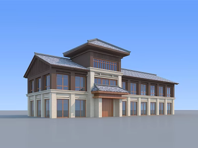 Traditional Roof Commercial Complex With Modern Design Stone Facade And Wooden Elements 3d model