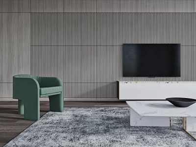 Modern Minimalist Living Room With Green Accent Armchair Marble Coffee Table And Wall Mounted Television 3d model