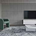 Modern Minimalist Living Room With Green Accent Armchair Marble Coffee Table And Wall Mounted Television