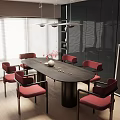 Modern Restaurant Interior Design With Oval Dark Wood Table Red Chairs And Pendant Lights