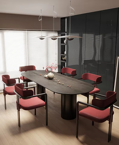 Modern Restaurant Interior Design With Oval Dark Wood Table Red Chairs And Pendant Lights 3d model