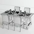 Elegant Dining Table Set With Chairs Plates Wine Glasses And Grapes 3d model