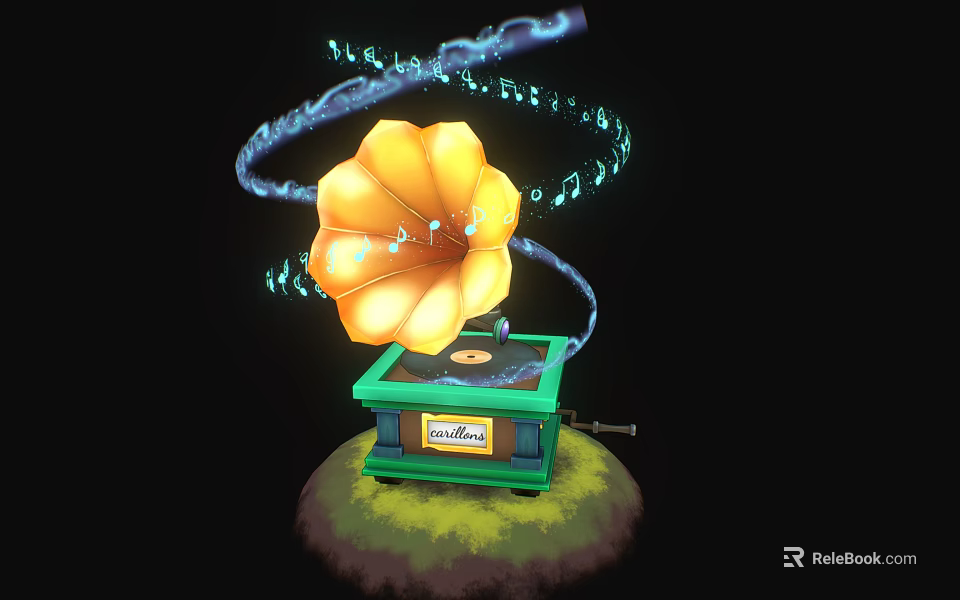 Vintage Green Gramophone With Yellow Horn Playing Music And Floating Blue Notes Electronic Appliance 3d model 