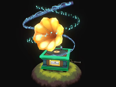 Vintage Green Gramophone With Yellow Horn Playing Music And Floating Blue Notes Electronic Appliance 3d model