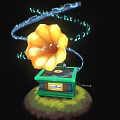 Vintage Green Gramophone With Yellow Horn Playing Music And Floating Blue Notes Electronic Appliance