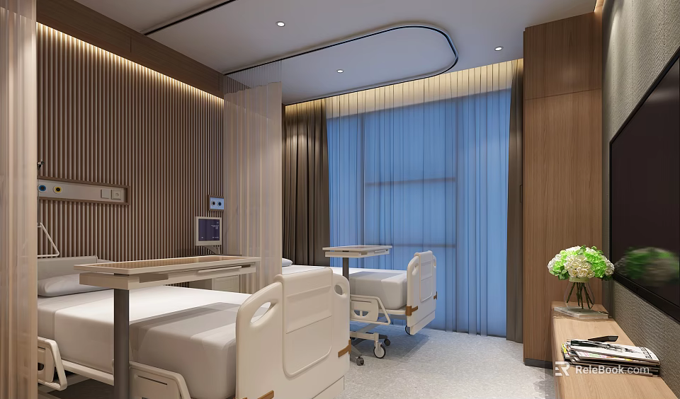 Hospital Clinic Interior With Hospital Beds Medical Equipment Wooden Walls And Blue Curtains 3d model 