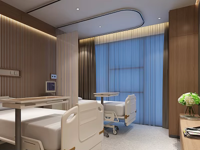 Hospital Clinic Interior With Hospital Beds Medical Equipment Wooden Walls And Blue Curtains 3d model