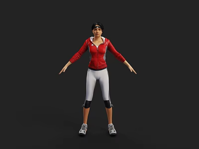 Woman in Red Hoodie White Leggings Black Knee Pads and Sneakers on Black Background 3d model