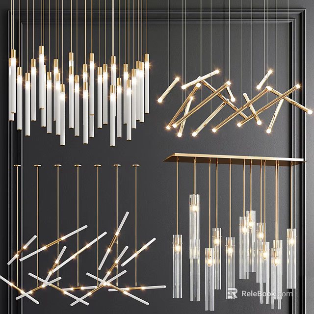 Modern Chandeliers Featuring Glass Cylinders And Brass Linear Geometric Designs For Interior 3d model 