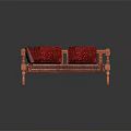 Traditional Wooden Sofa With Red Patterned Cushions Ornate Armrests And Carved Legs