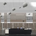 Modern Front Desk Reception Area With White Circular Pendant Lights Brick Wall And Large Windows