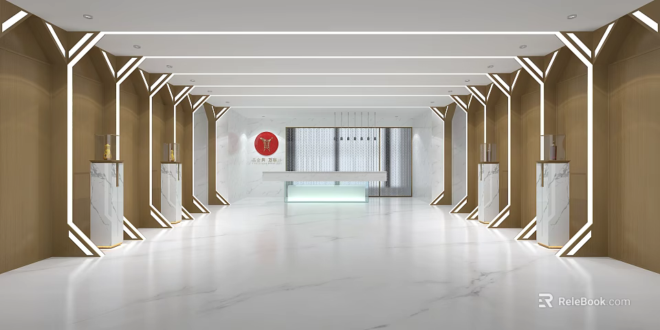 Modern Front Desk Reception Area With Marble Floor And Elegant Lighting Design 3d model 