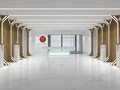 Modern Front Desk Reception Area With Marble Floor And Elegant Lighting Design 3d model